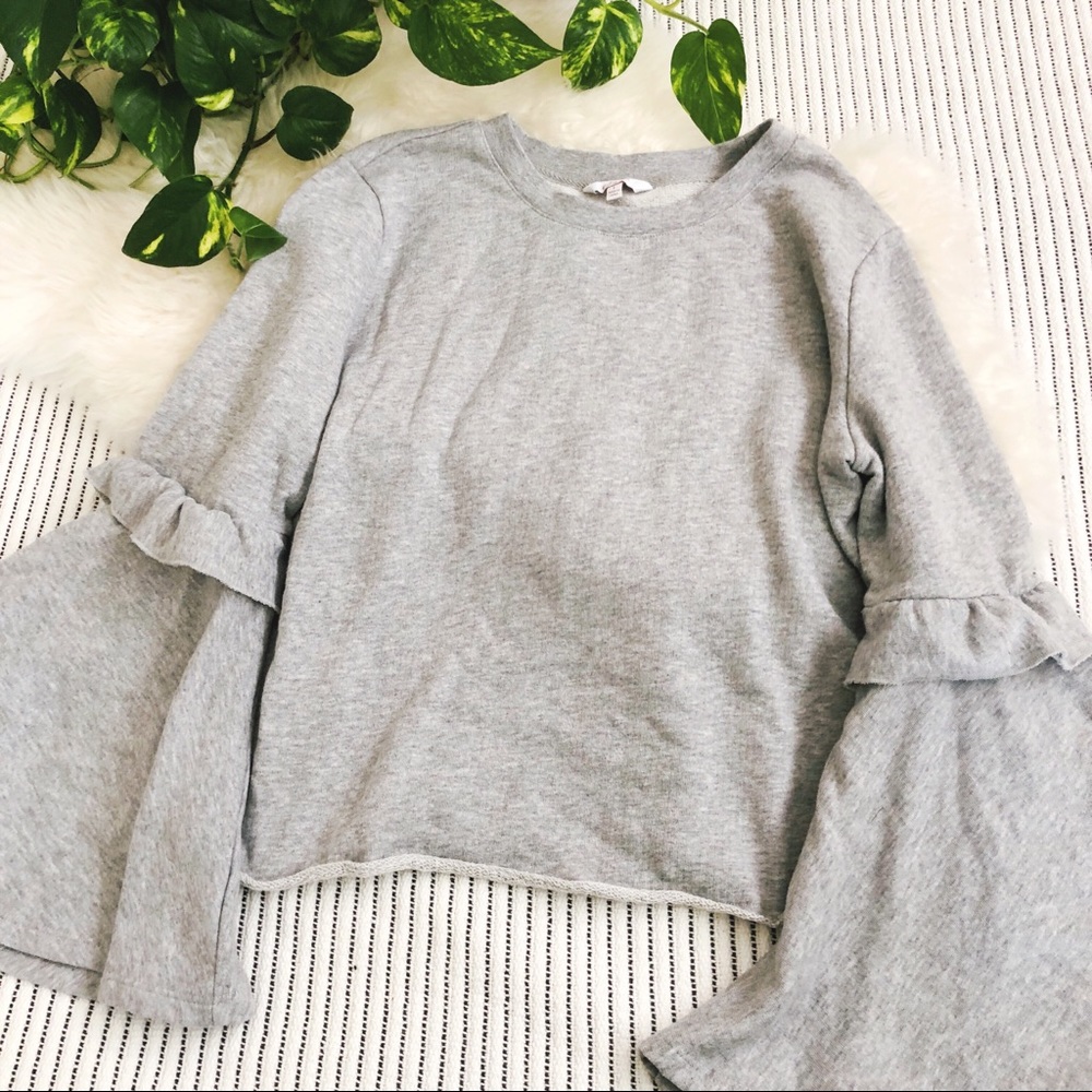 Candies Grey Ruffle Bell Sleeve Cropped Sweatshirt